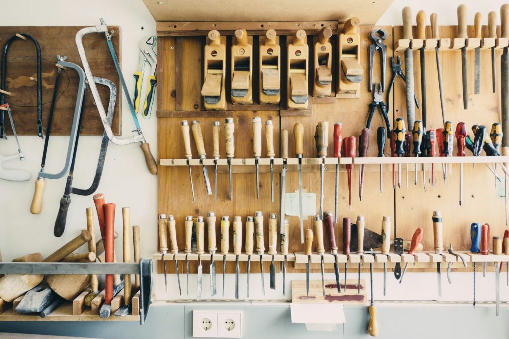 Tools lined up on a wall.